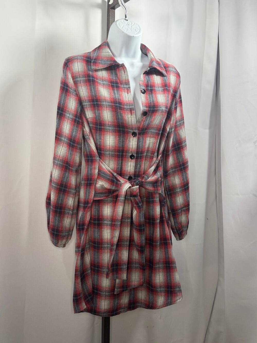 Fall Fashion Plaid Flannel  Button Front Shirt Dress| Tie Waist Shirt Dress